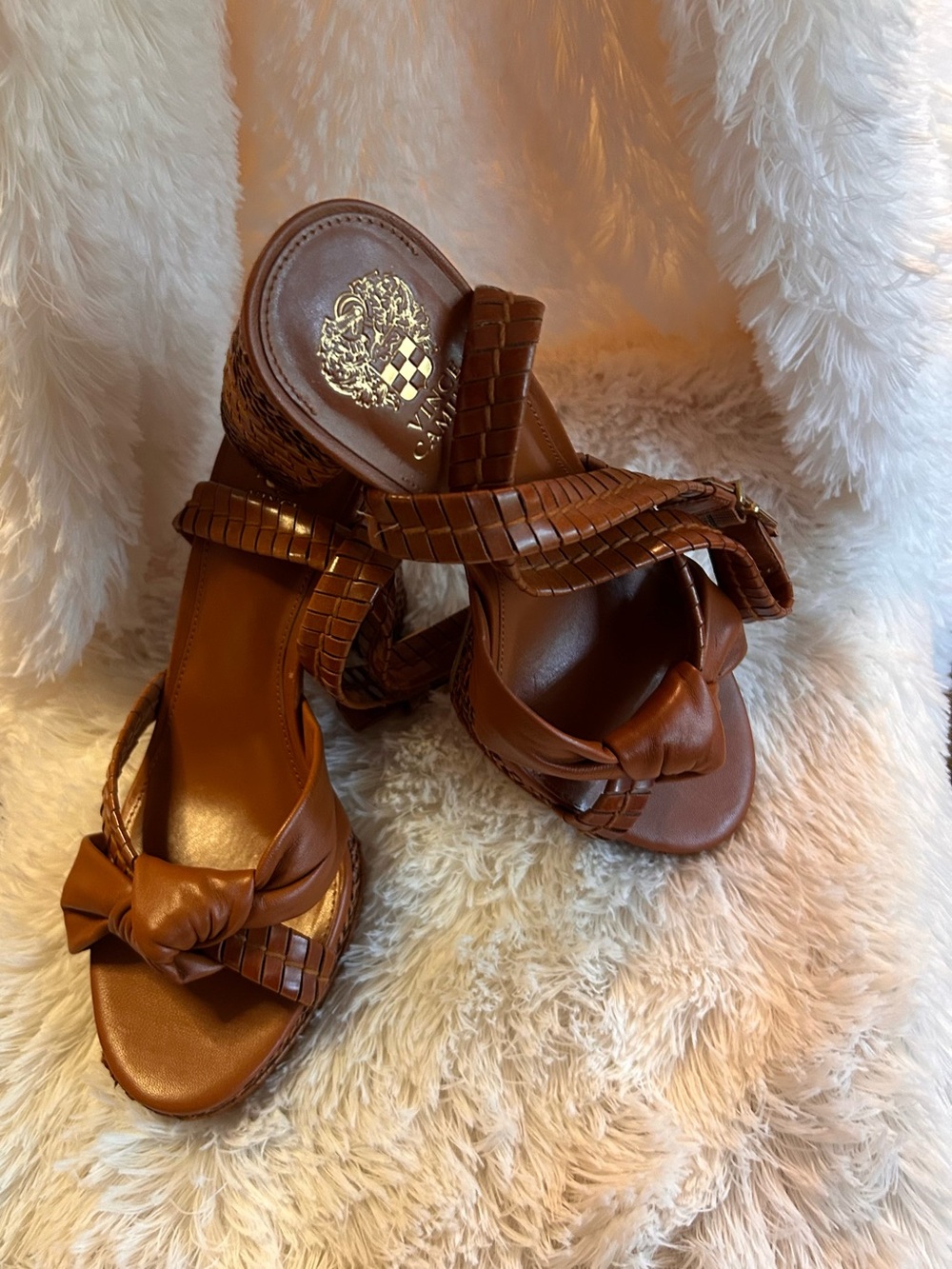 Vince Camuto Cognac Braided Knot Wedge Sandals - Picture 7 of 8